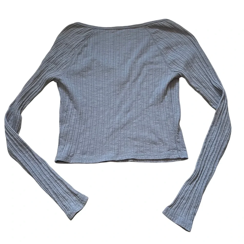 Aeropostale Seriously Soft Ribbed Henley Crop Top Long Sleeve Womens M Blue Slim